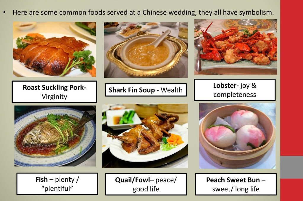 Common foods served at a Chinese wedding: Roast Suckling Pork, Shark Fin Soup, Lobster, Fish, Quail/Fowl, Peach Sweet Bun